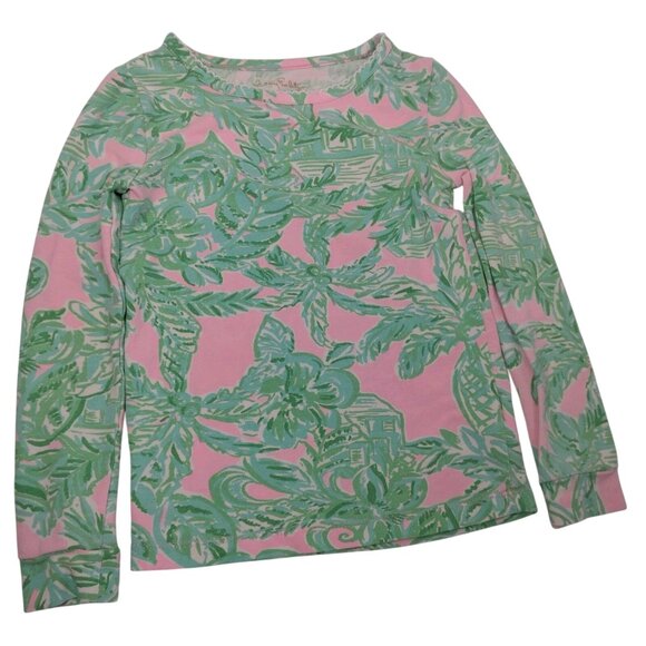 Lilly Pulitzer Sammy Pajama Shirt Youth Girls 4 Top Only Palms Pink Green Beach - Picture 2 of 14